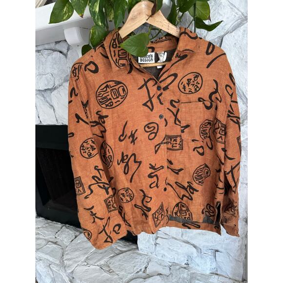 Chicos Design Linen Top Women's Brown and Black Long sleeve - Picture 2 of 9